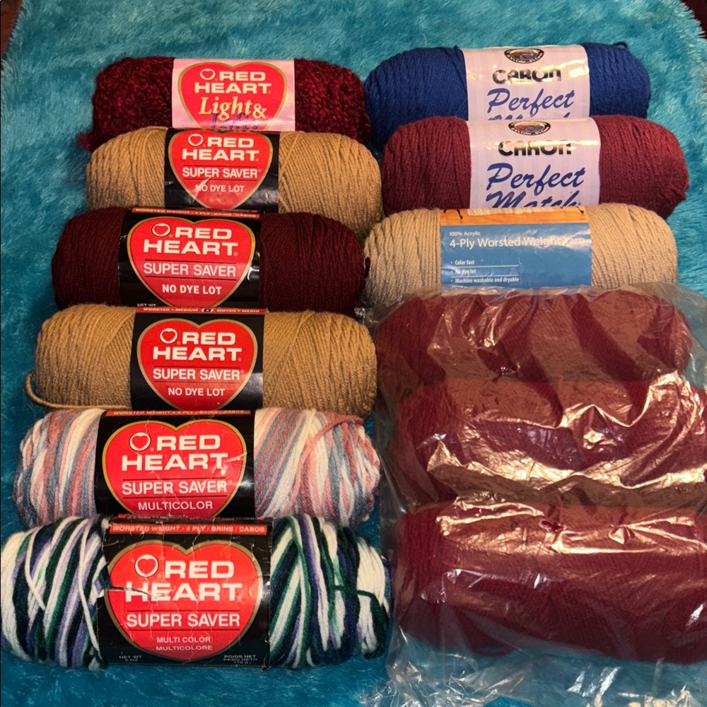 Red Heart & Caron Yarn Bundle - Multicolor, Burgundy, Tan, Blue